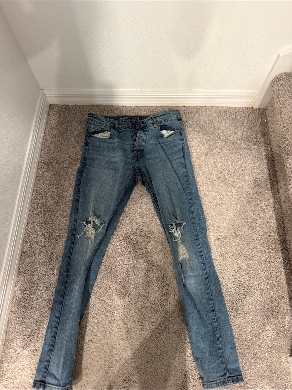 Mens Distressed Skinny Jeans - Light Blue